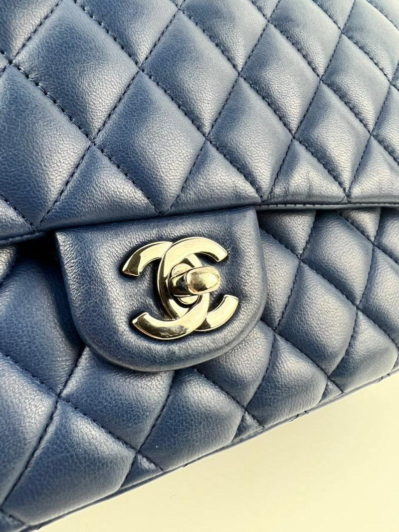 Medium Double Flap in Blue Lambskin SHW