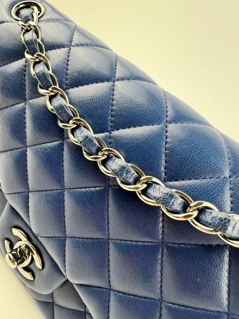 Medium Double Flap in Blue Lambskin SHW