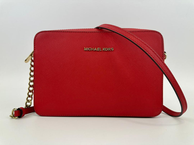 Red Saffiano Leather Jet Set Camera Crossbody Bag