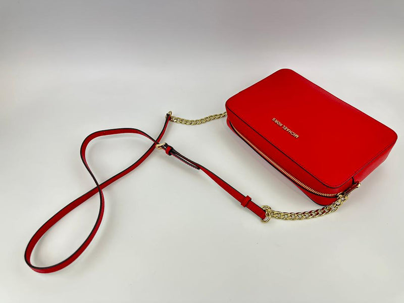 Red Saffiano Leather Jet Set Camera Crossbody Bag