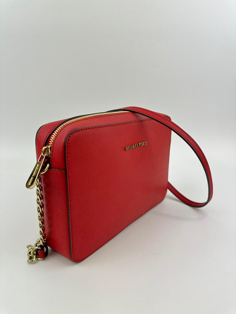 Red Saffiano Leather Jet Set Camera Crossbody Bag