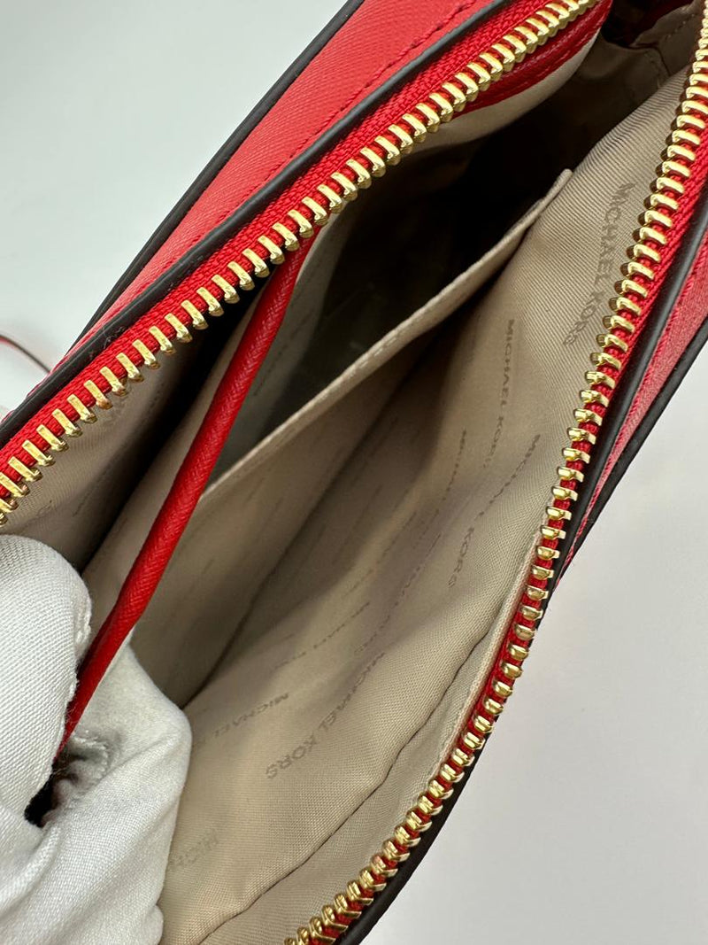 Red Saffiano Leather Jet Set Camera Crossbody Bag