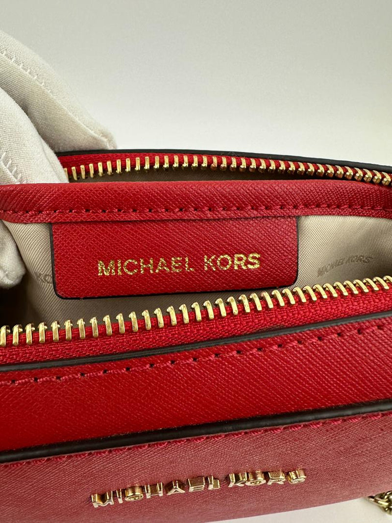 Red Saffiano Leather Jet Set Camera Crossbody Bag