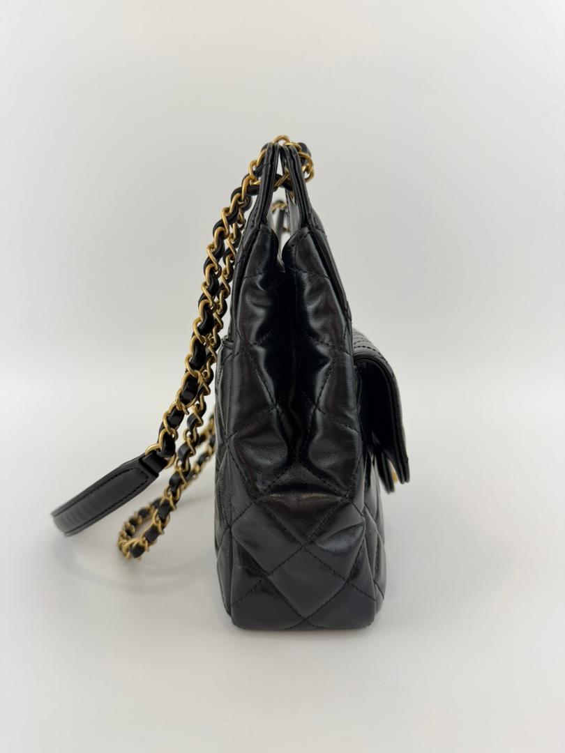 Medium Quilted Wavy CC Hobo Black Patent Aged Calfskin GHW - Glampot