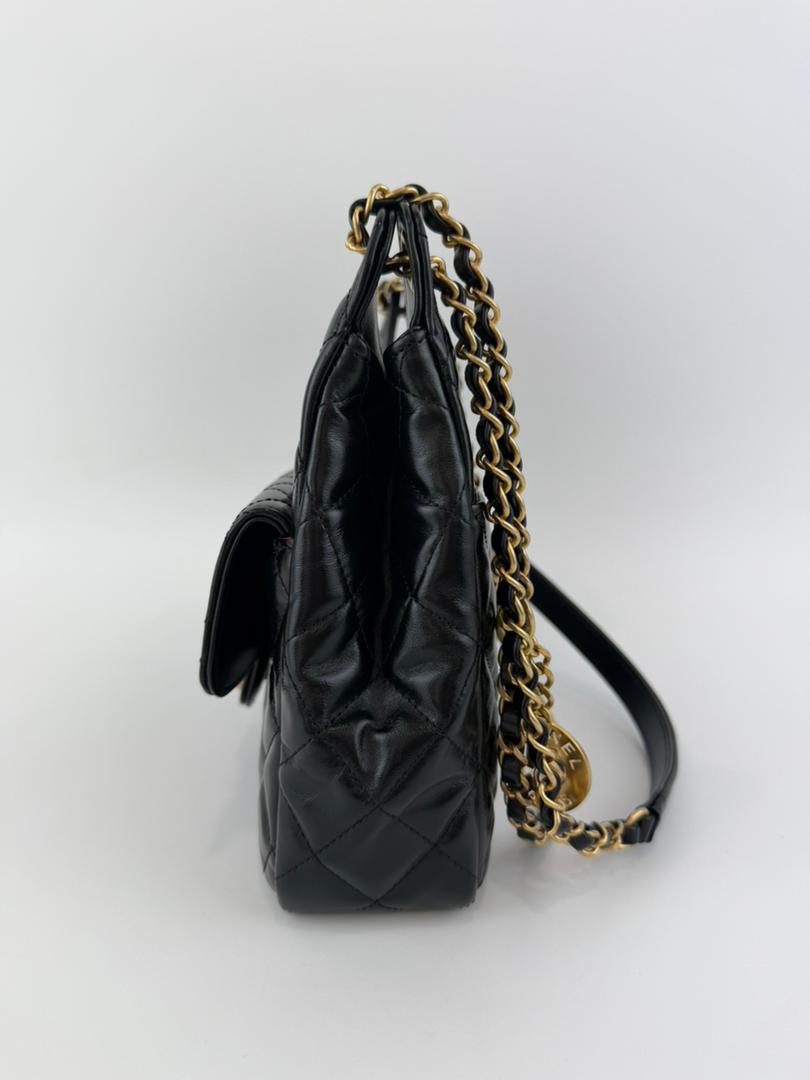 Medium Quilted Wavy CC Hobo Black Patent Aged Calfskin GHW - Glampot