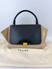 Medium Trapeze Top Handle Bag in Beige / Black Leather and Suede