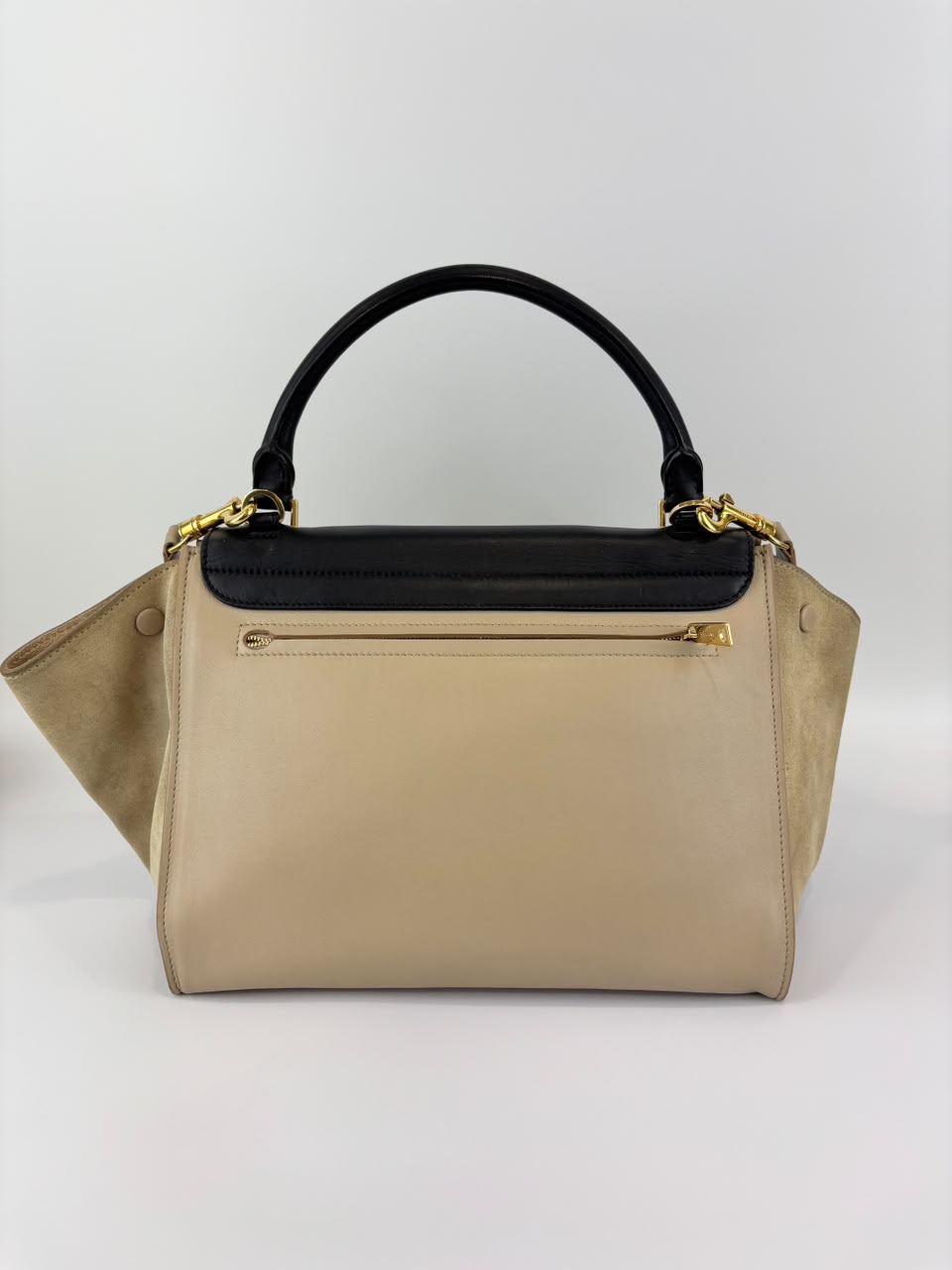 Medium Trapeze Top Handle Bag in Beige / Black Leather and Suede