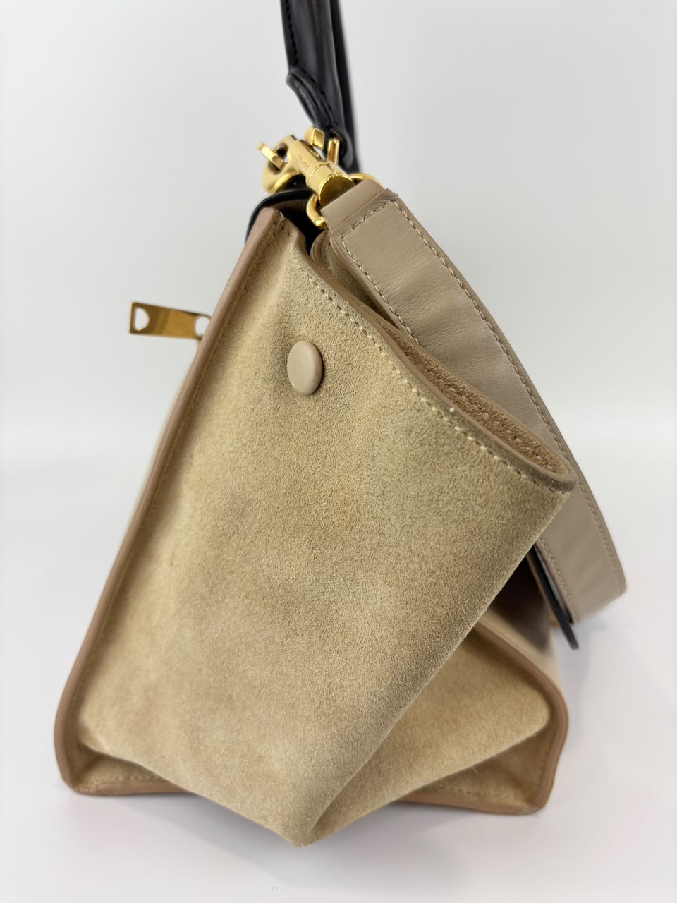 Medium Trapeze Top Handle Bag in Beige / Black Leather and Suede