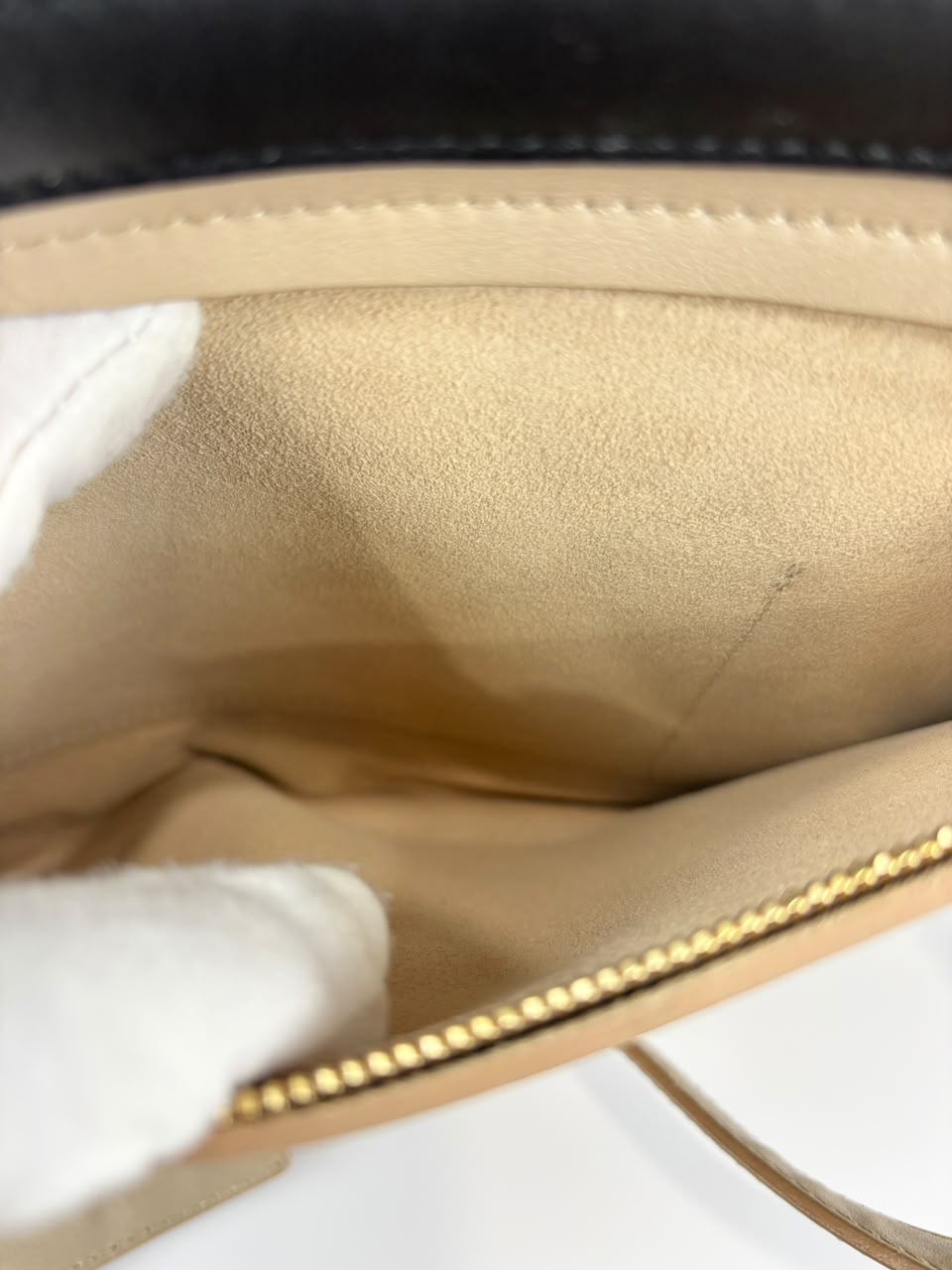 Medium Trapeze Top Handle Bag in Beige / Black Leather and Suede
