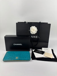Blue Camellia Embossed Lambskin Leather Wallet