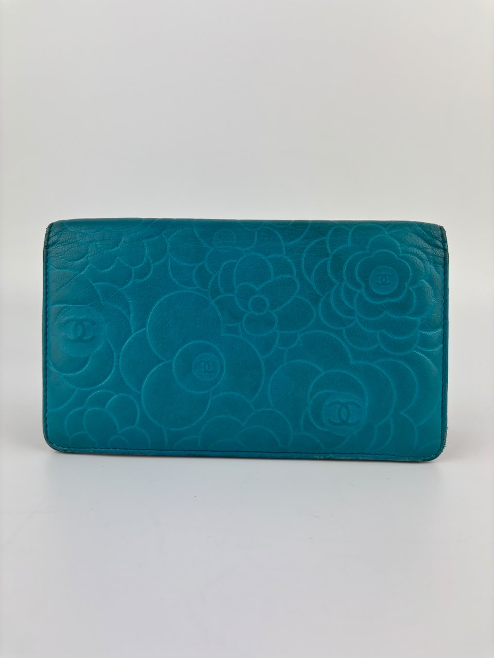Blue Camellia Embossed Lambskin Leather Wallet