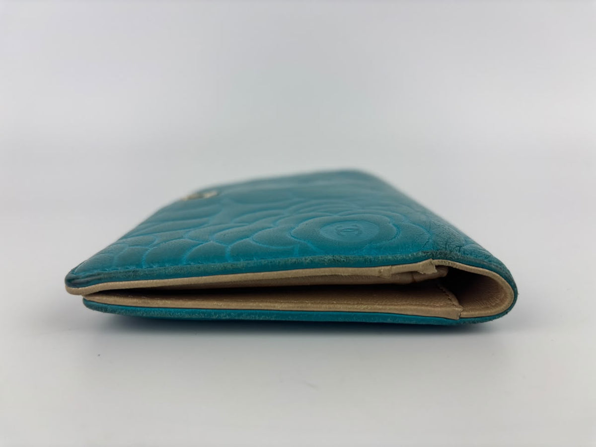 Blue Camellia Embossed Lambskin Leather Wallet