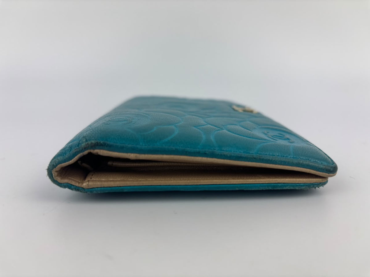 Blue Camellia Embossed Lambskin Leather Wallet