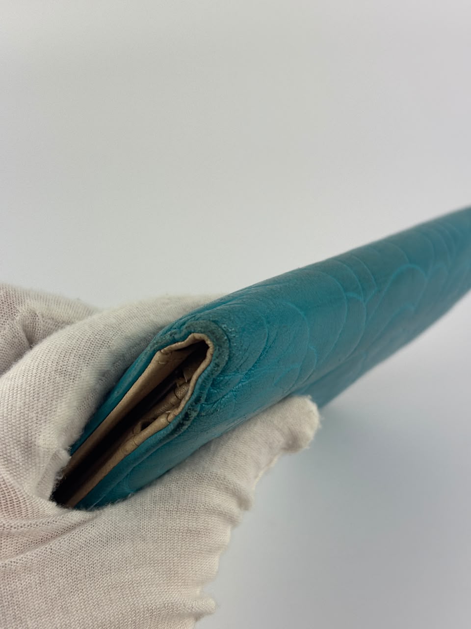 Blue Camellia Embossed Lambskin Leather Wallet