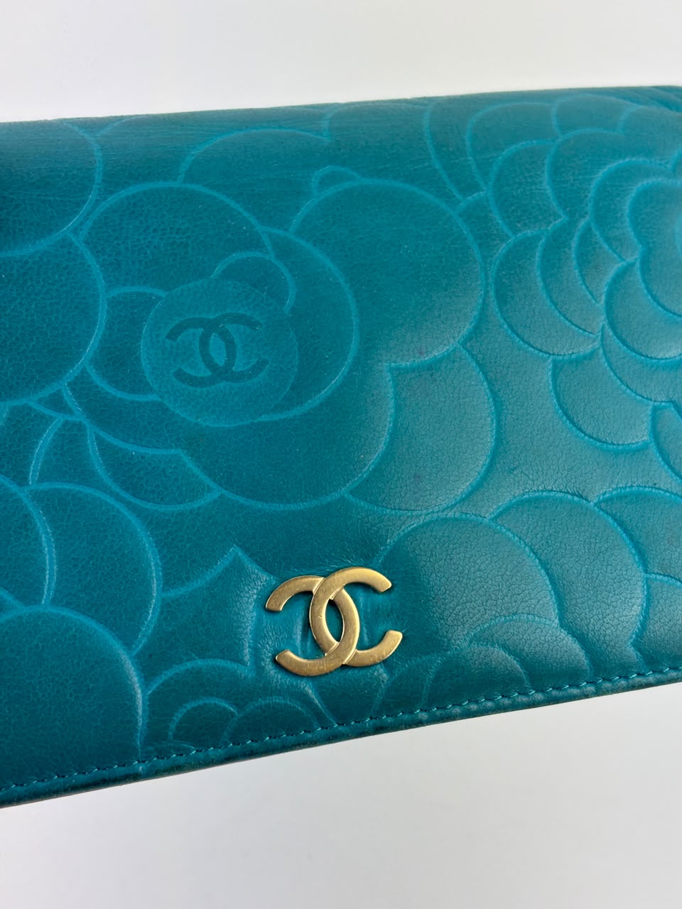Blue Camellia Embossed Lambskin Leather Wallet