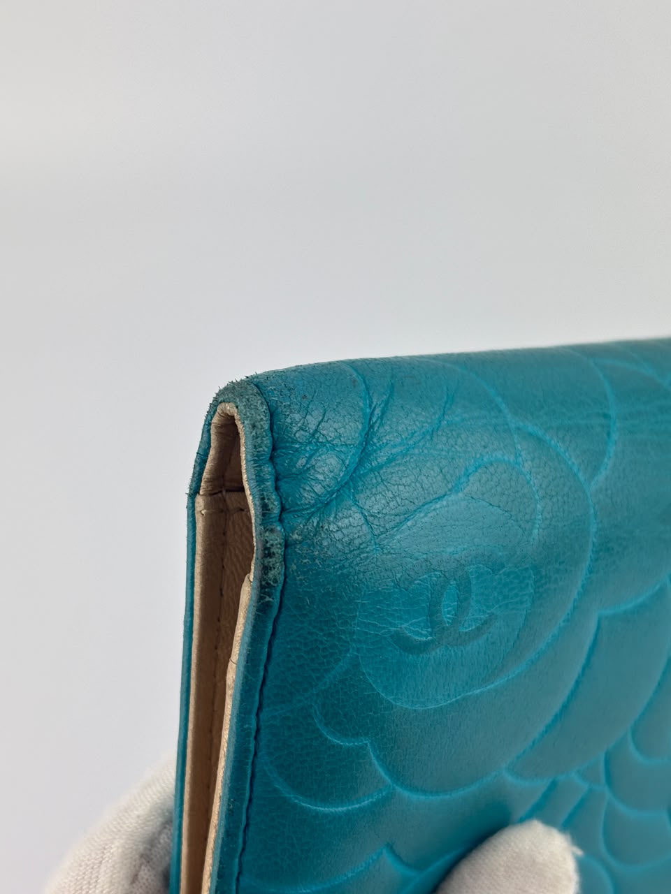 Blue Camellia Embossed Lambskin Leather Wallet