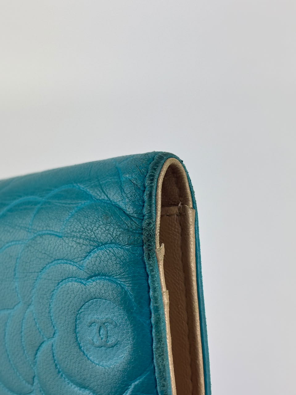 Blue Camellia Embossed Lambskin Leather Wallet