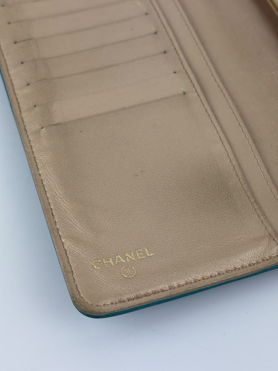 Blue Camellia Embossed Lambskin Leather Wallet