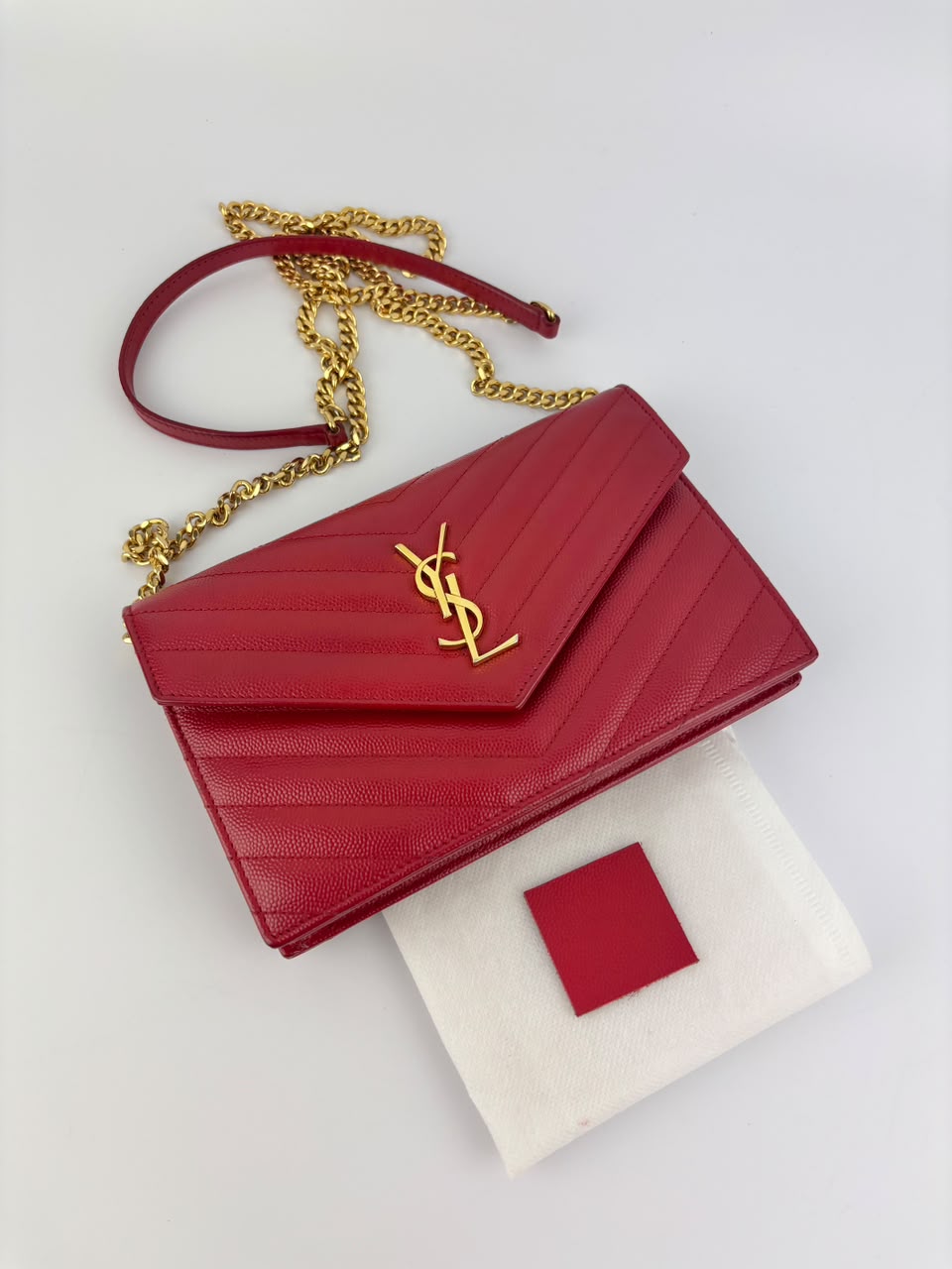 Cassandre Envelope Chain Wallet Red Matelassé Leather GHW
