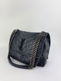 Niki Medium Shoulder Bag Dark Navy Crinkled Leather