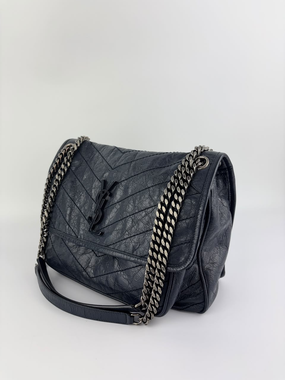 Niki Medium Shoulder Bag Dark Navy Crinkled Leather