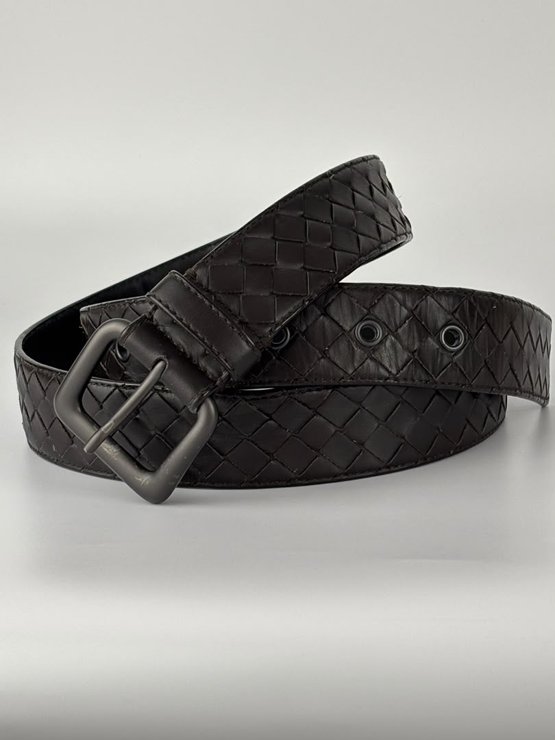 Intrecciato Leather Belt 32mm in Dark Brown Size 105cm