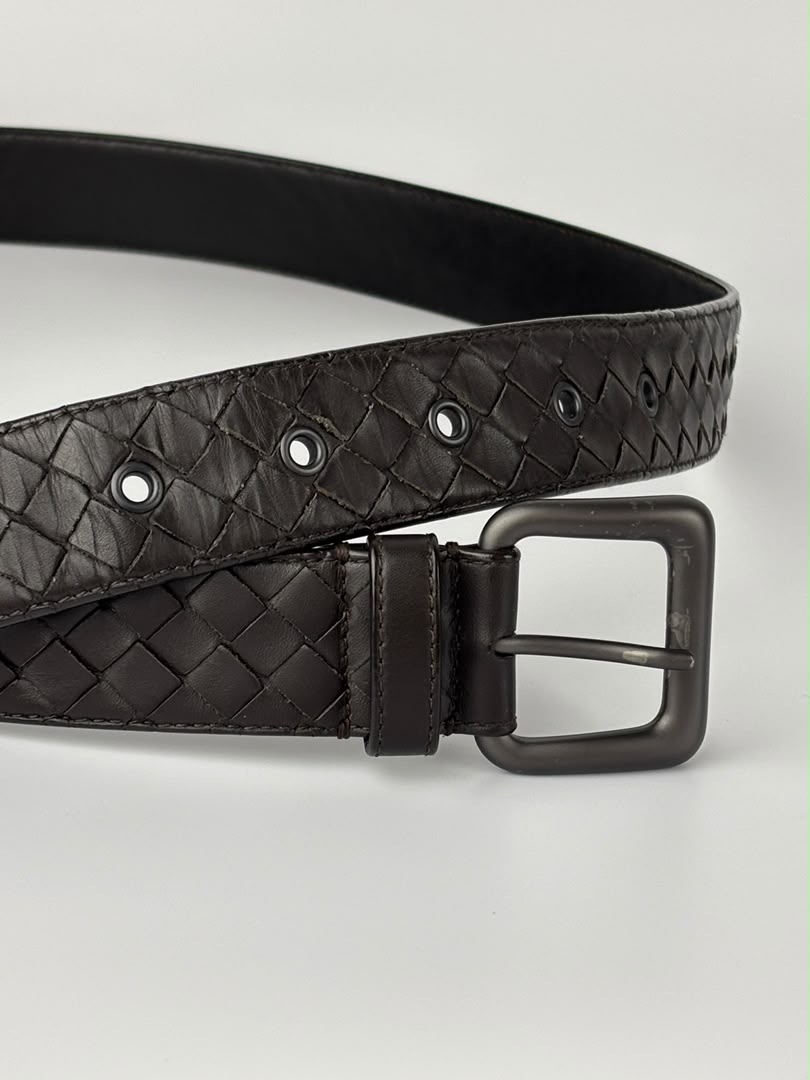 Intrecciato Leather Belt 32mm in Dark Brown Size 105cm