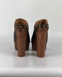 A G27163 Brown Leather Studded Platform Mule Clogs Size 39.5/40 IT