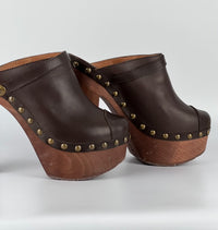 A G27163 Brown Leather Studded Platform Mule Clogs Size 39.5/40 IT