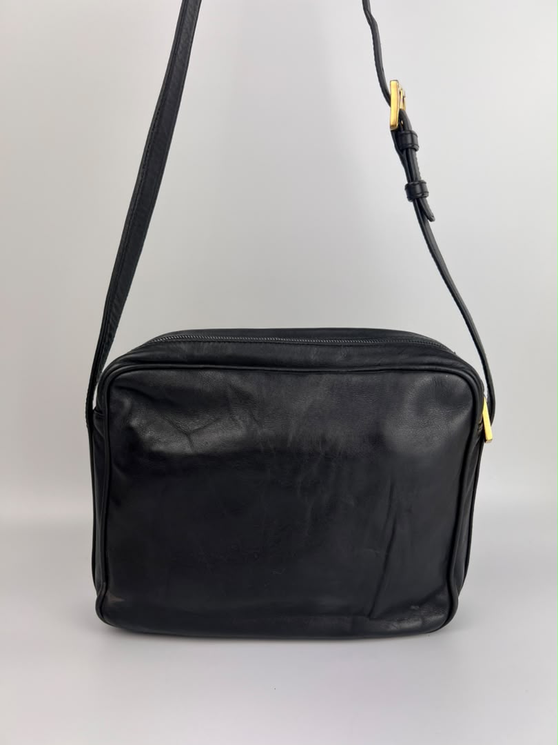 Vintage Black Leather Camera Crossbody Bag