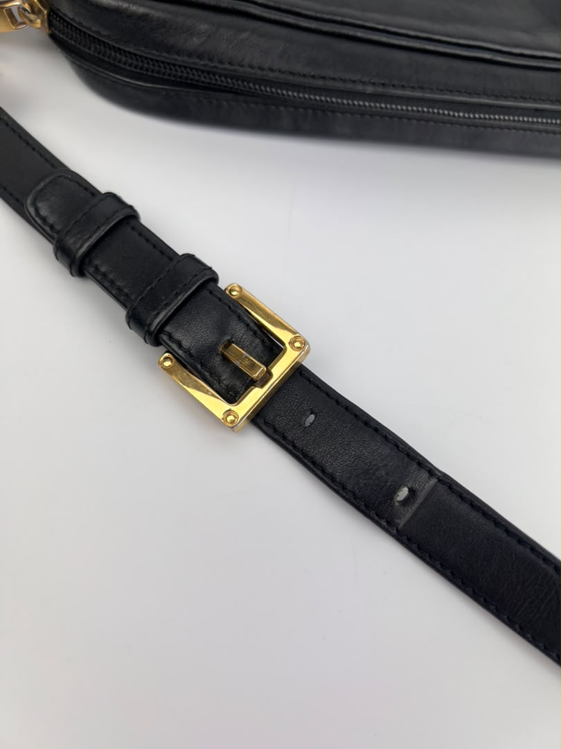 Vintage Black Leather Camera Crossbody Bag