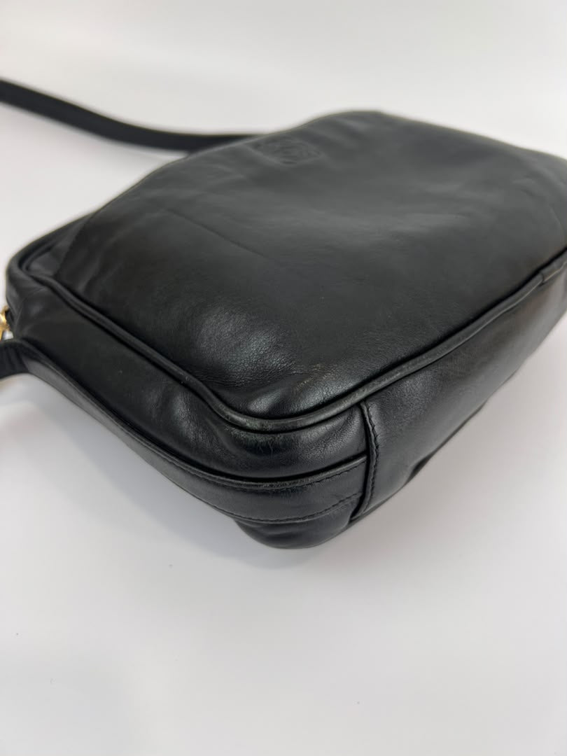 Vintage Black Leather Camera Crossbody Bag