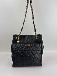 1990s Vintage Black Heart Quilted Lambskin Tote with Gold Chain Straps