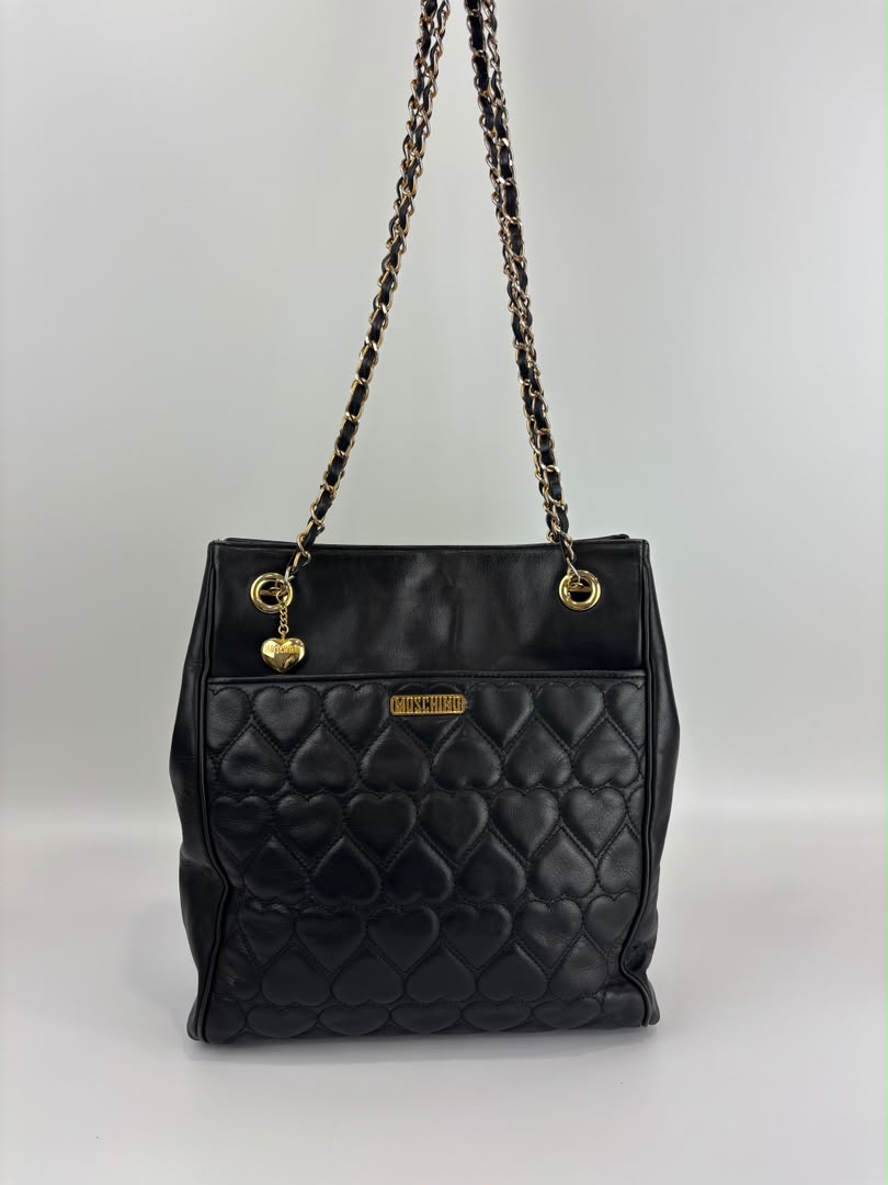 1990s Vintage Black Heart Quilted Lambskin Tote with Gold Chain Straps