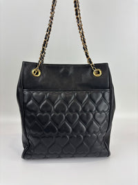 1990s Vintage Black Heart Quilted Lambskin Tote with Gold Chain Straps