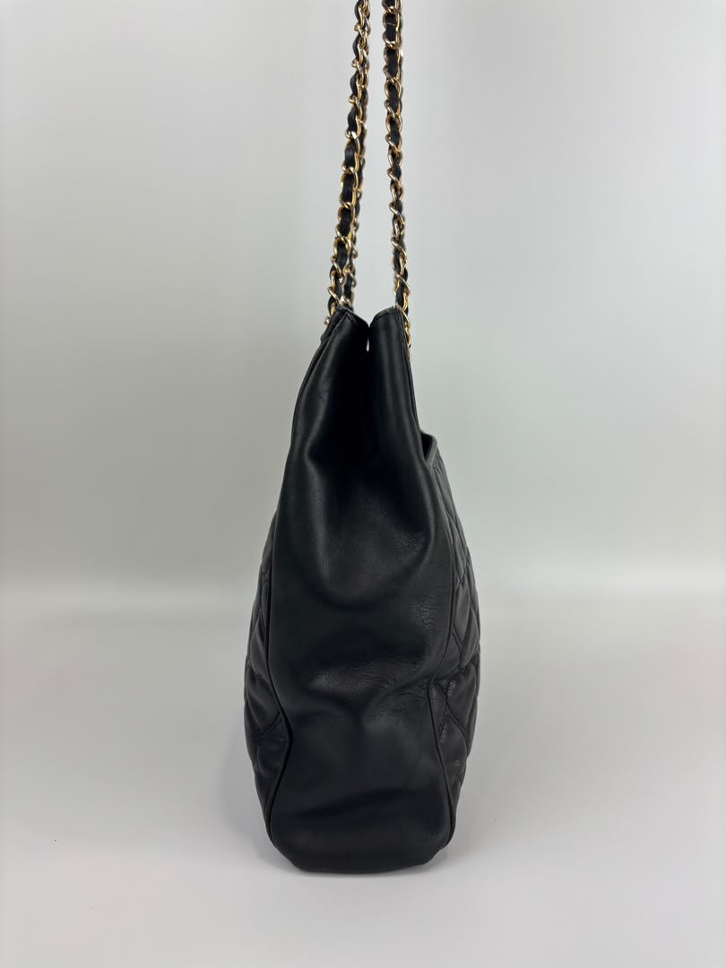 1990s Vintage Black Heart Quilted Lambskin Tote with Gold Chain Straps