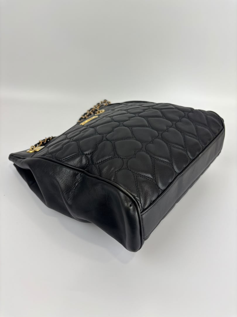 1990s Vintage Black Heart Quilted Lambskin Tote with Gold Chain Straps