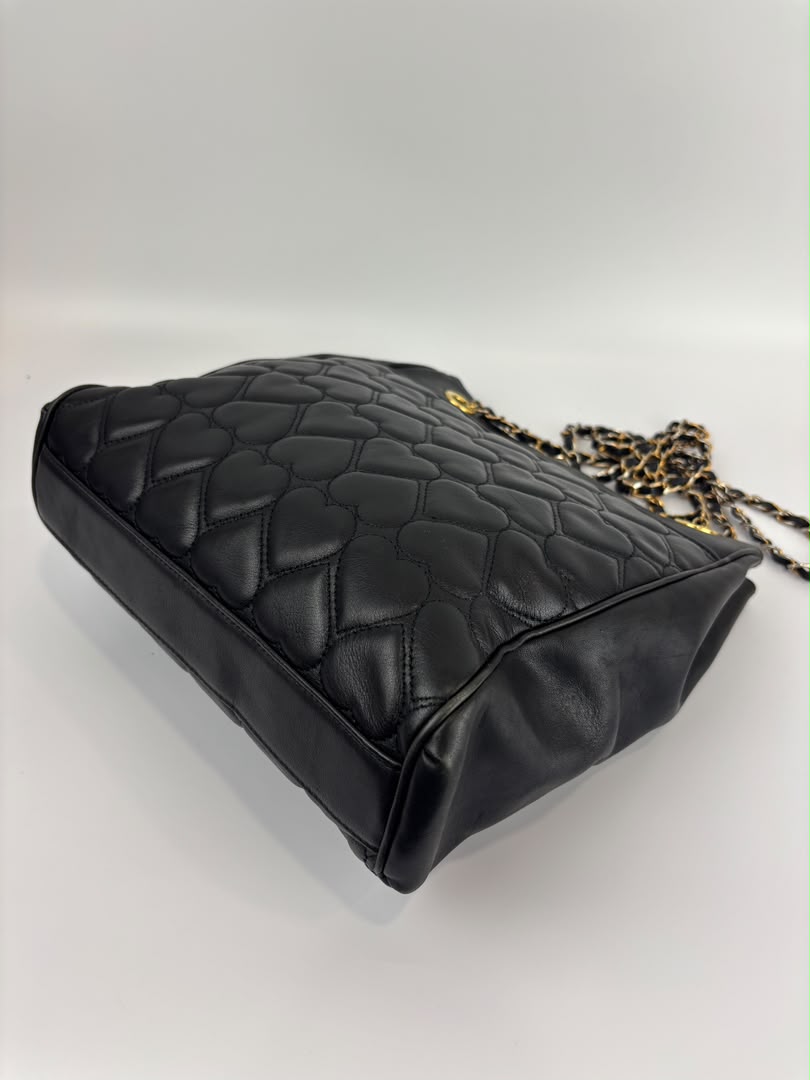 1990s Vintage Black Heart Quilted Lambskin Tote with Gold Chain Straps