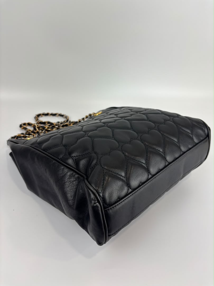 1990s Vintage Black Heart Quilted Lambskin Tote with Gold Chain Straps