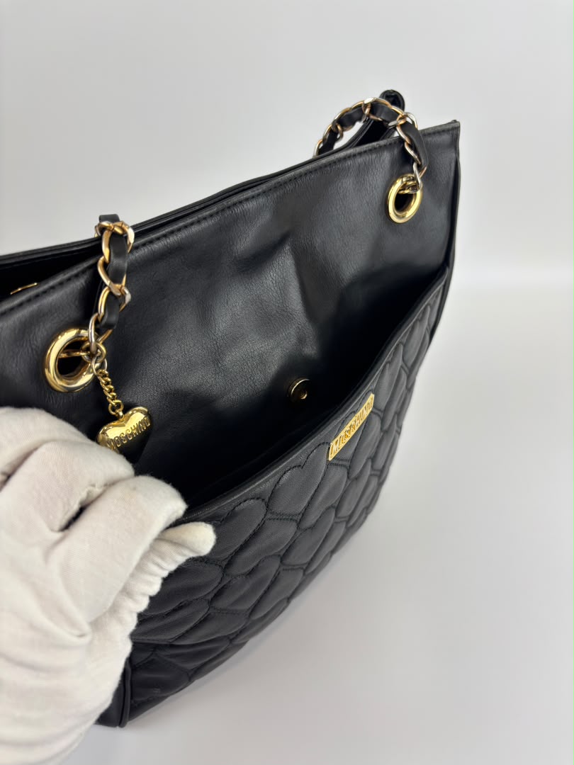 1990s Vintage Black Heart Quilted Lambskin Tote with Gold Chain Straps
