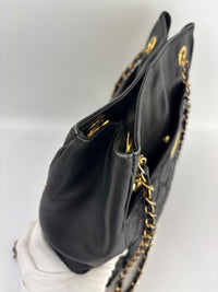 1990s Vintage Black Heart Quilted Lambskin Tote with Gold Chain Straps