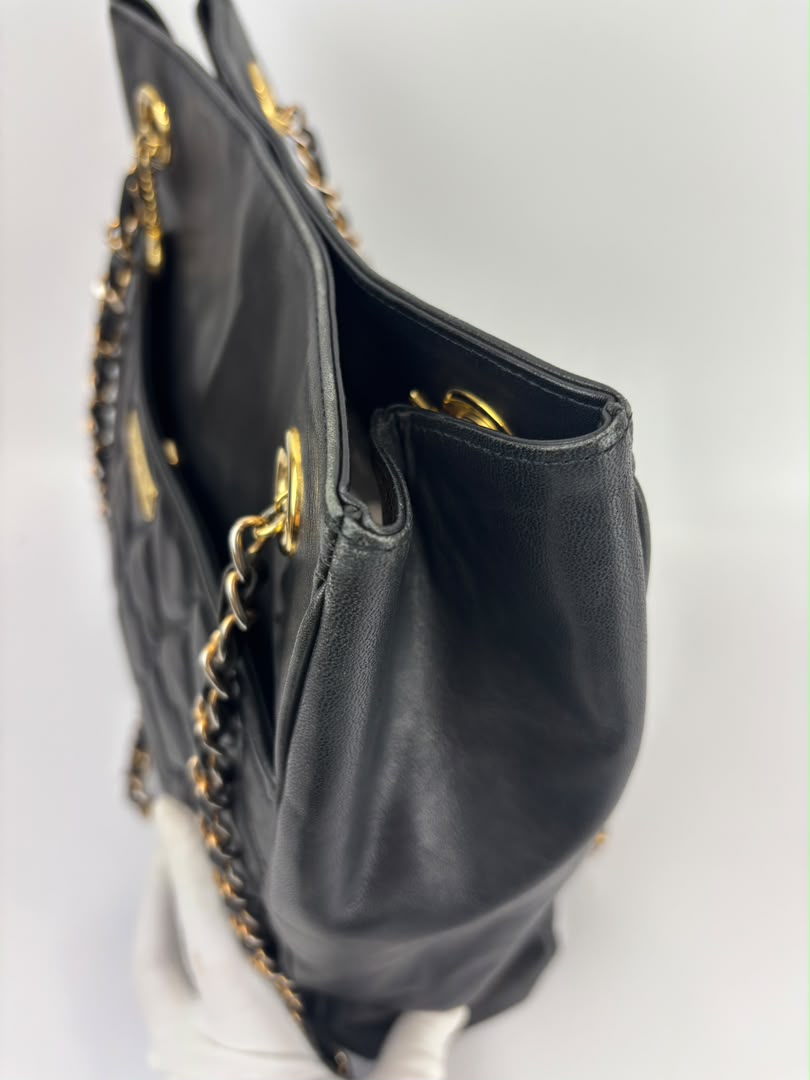 1990s Vintage Black Heart Quilted Lambskin Tote with Gold Chain Straps