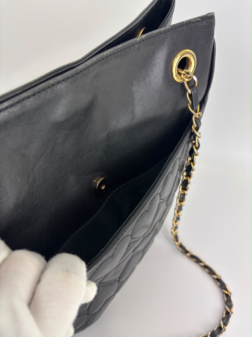 1990s Vintage Black Heart Quilted Lambskin Tote with Gold Chain Straps