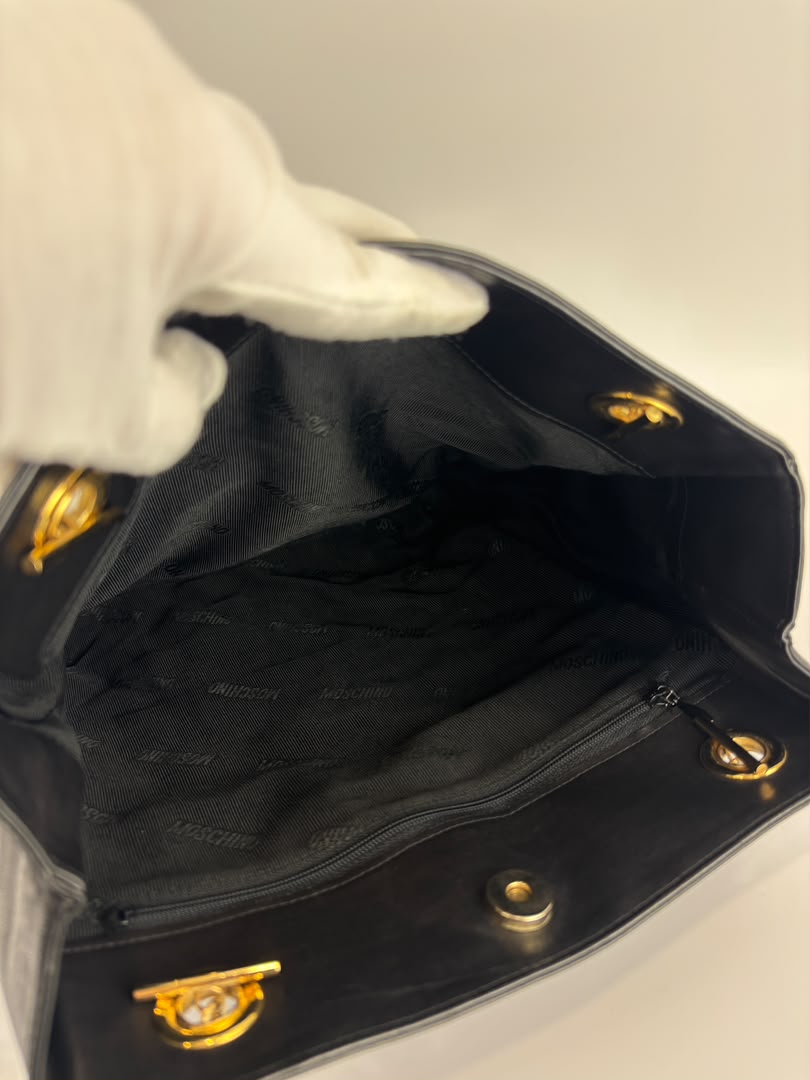 1990s Vintage Black Heart Quilted Lambskin Tote with Gold Chain Straps