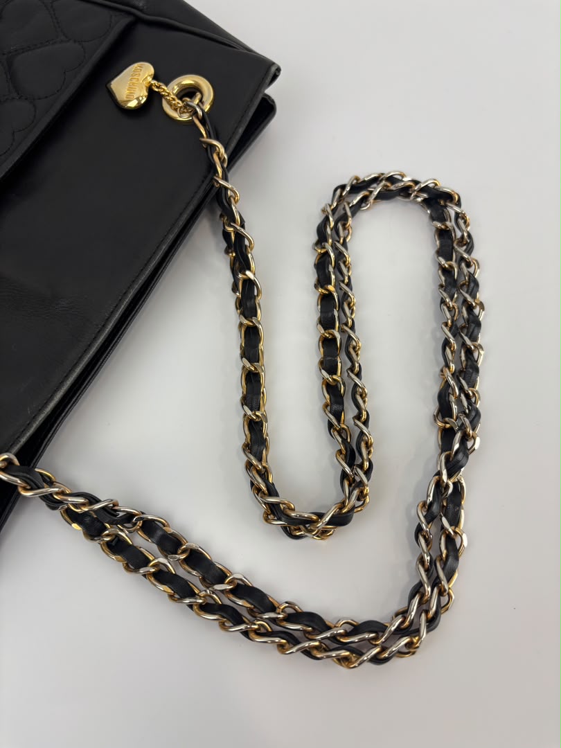1990s Vintage Black Heart Quilted Lambskin Tote with Gold Chain Straps