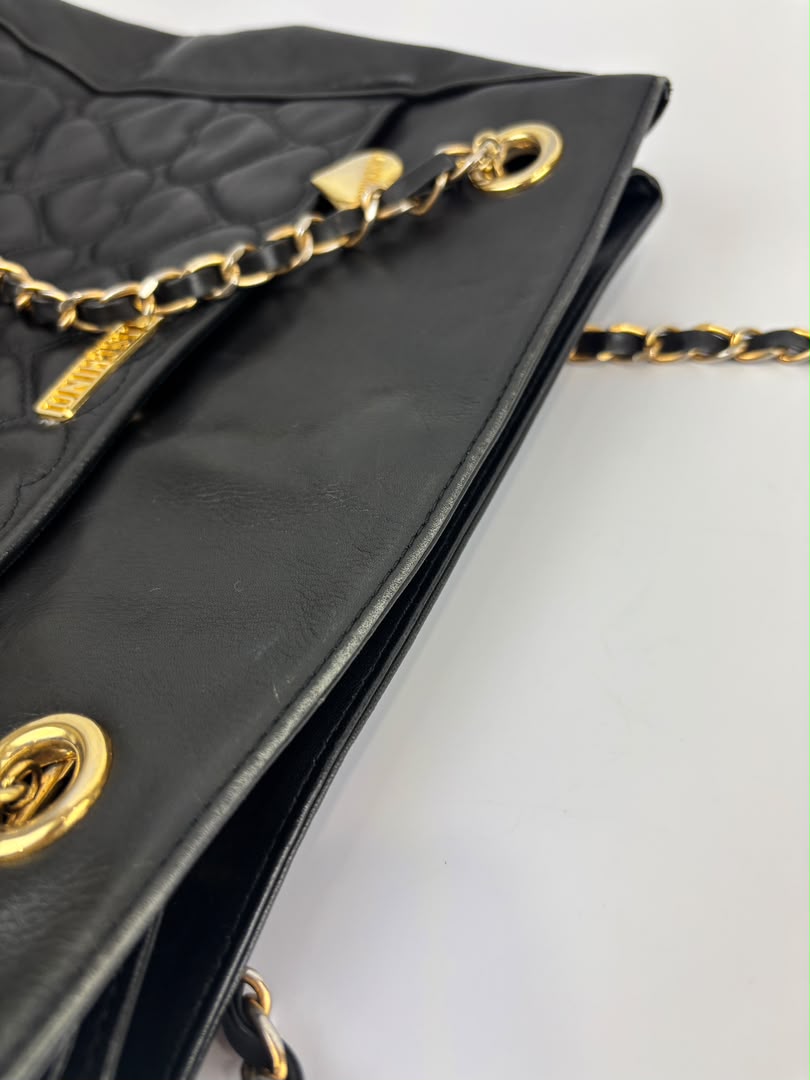 1990s Vintage Black Heart Quilted Lambskin Tote with Gold Chain Straps