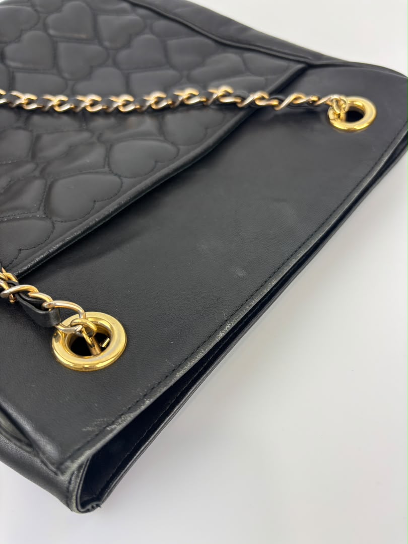 1990s Vintage Black Heart Quilted Lambskin Tote with Gold Chain Straps