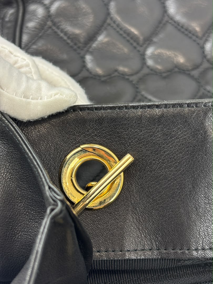 1990s Vintage Black Heart Quilted Lambskin Tote with Gold Chain Straps