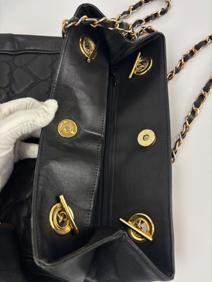 1990s Vintage Black Heart Quilted Lambskin Tote with Gold Chain Straps