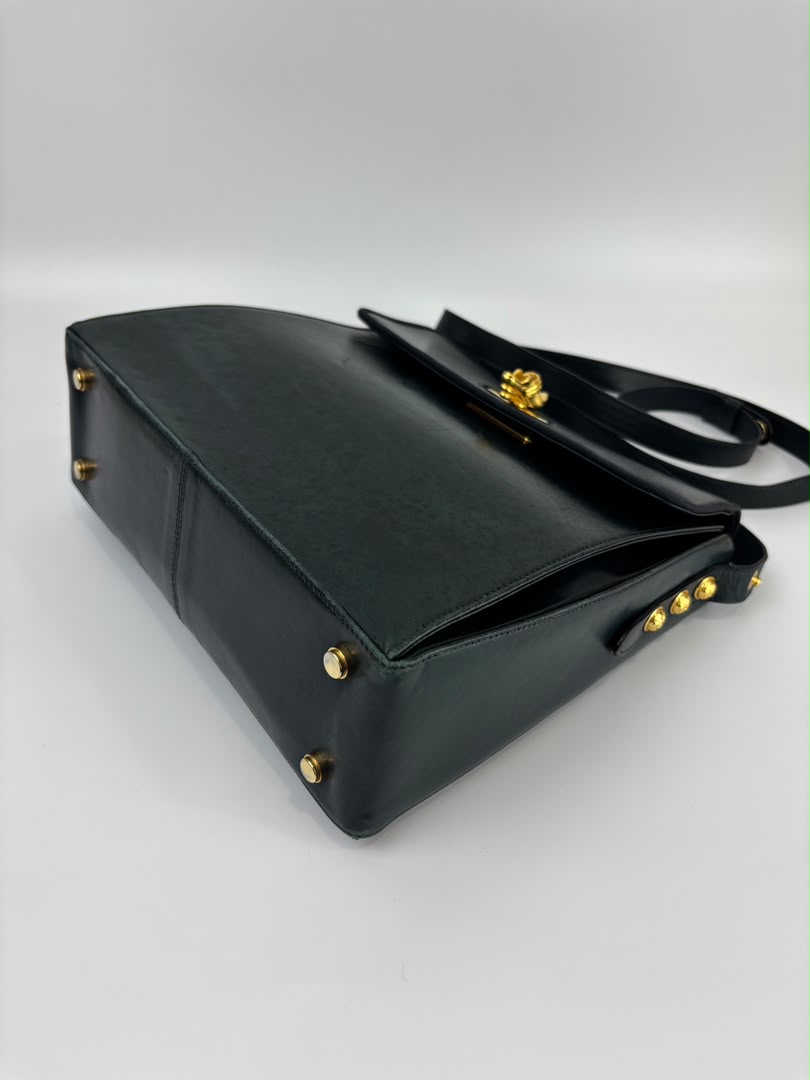 Vintage Dark Green Leather Shoulder Bag with Shoe Clasp